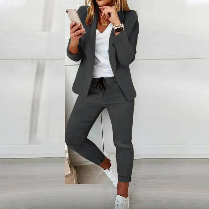 Front view of a complete women's matching blazer and jogger pants set, ideal for spring fashion