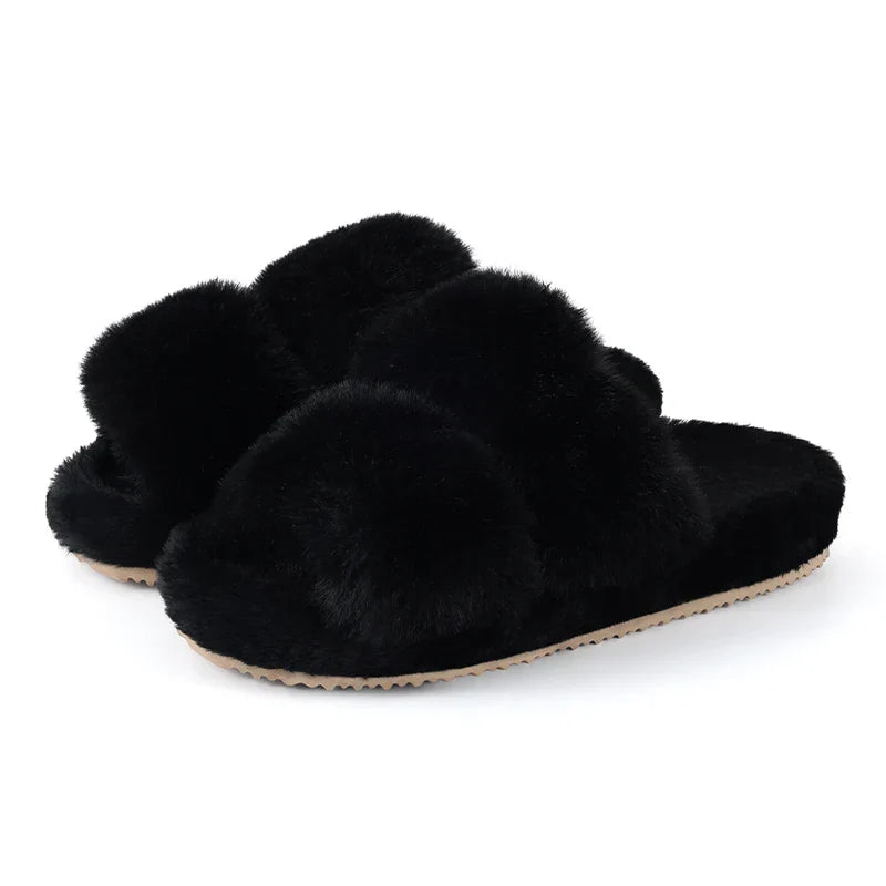 Black faux fur slide slippers for women, ideal cozy footwear for indoor use