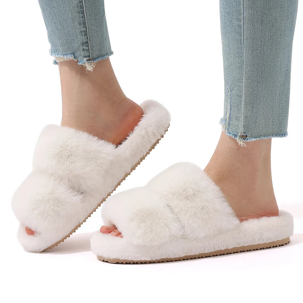 Side view of women's fluffy faux fur house slippers, designed for ultimate coziness