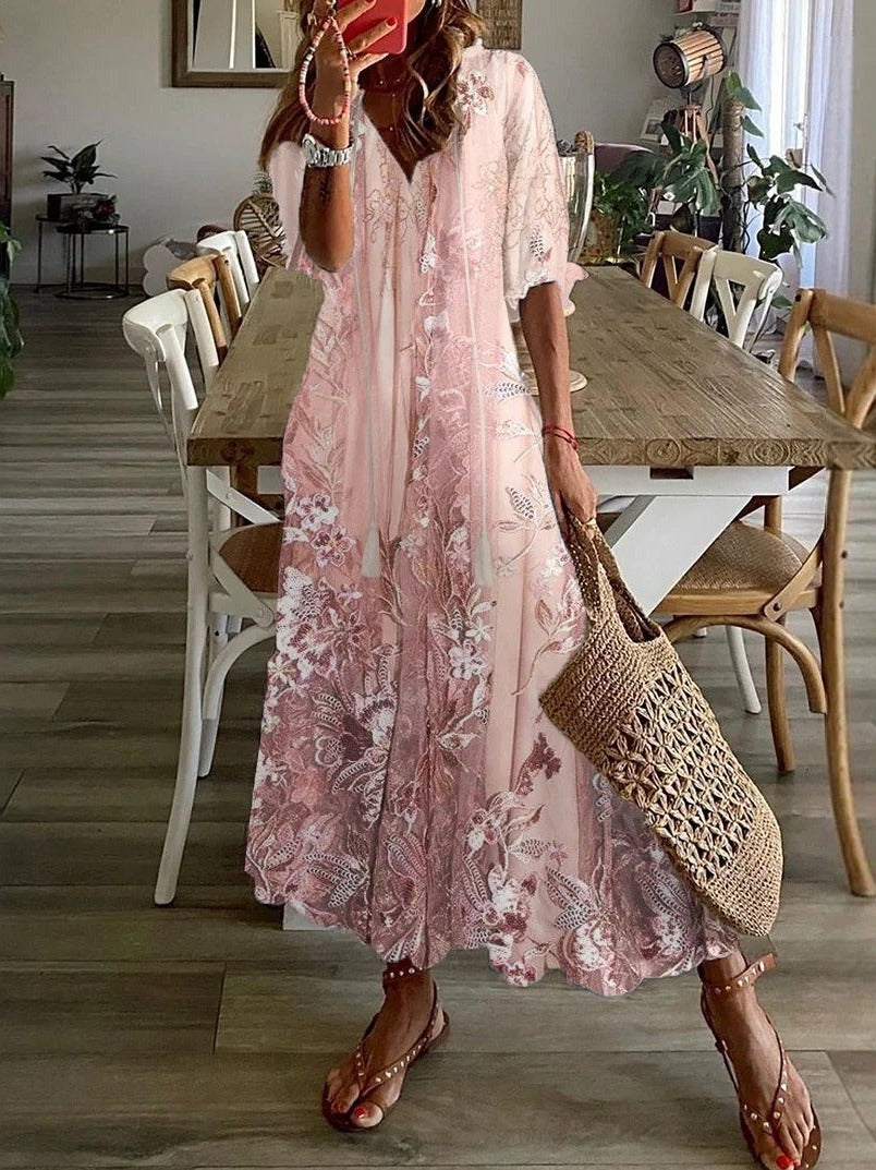 Women's pink floral print V-neck half sleeve maxi dress, perfect for summer casual or vacation wear.