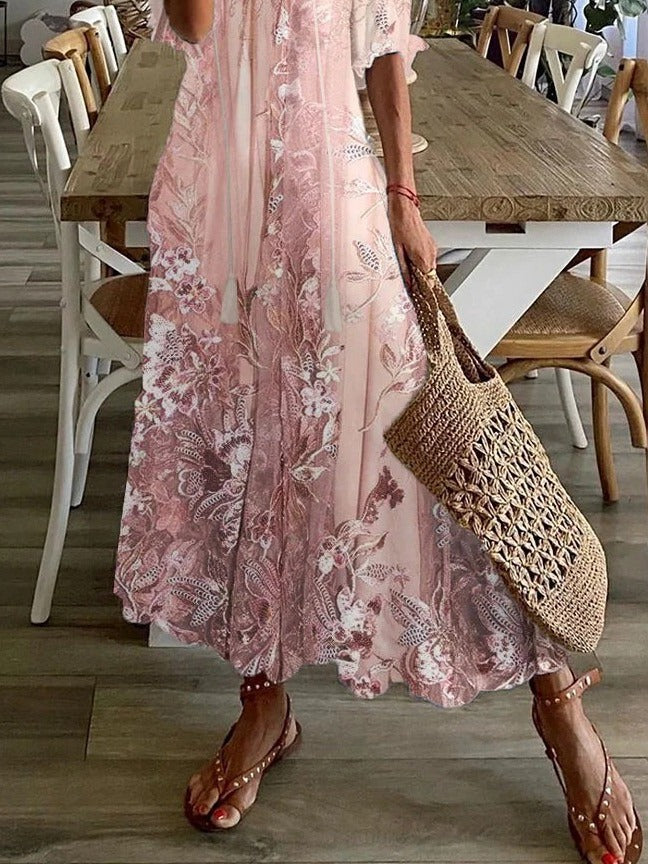 Loose fit women's floral print V-neck half sleeve maxi dress, ideal for comfortable spring summer wear.