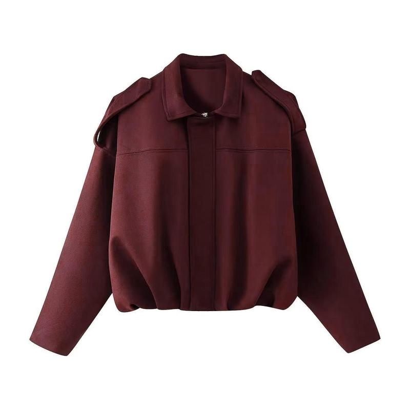 Back view of a women's vintage style cropped suede bomber jacket, ideal for casual wear