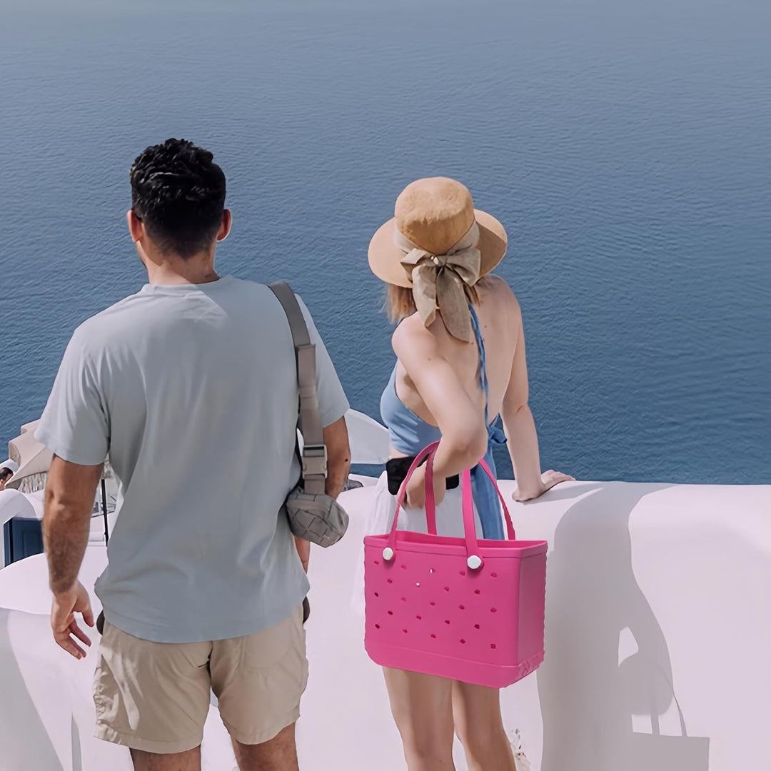 Large women's EVA beach tote bag in blue, washable, sandproof, and featuring vent holes.