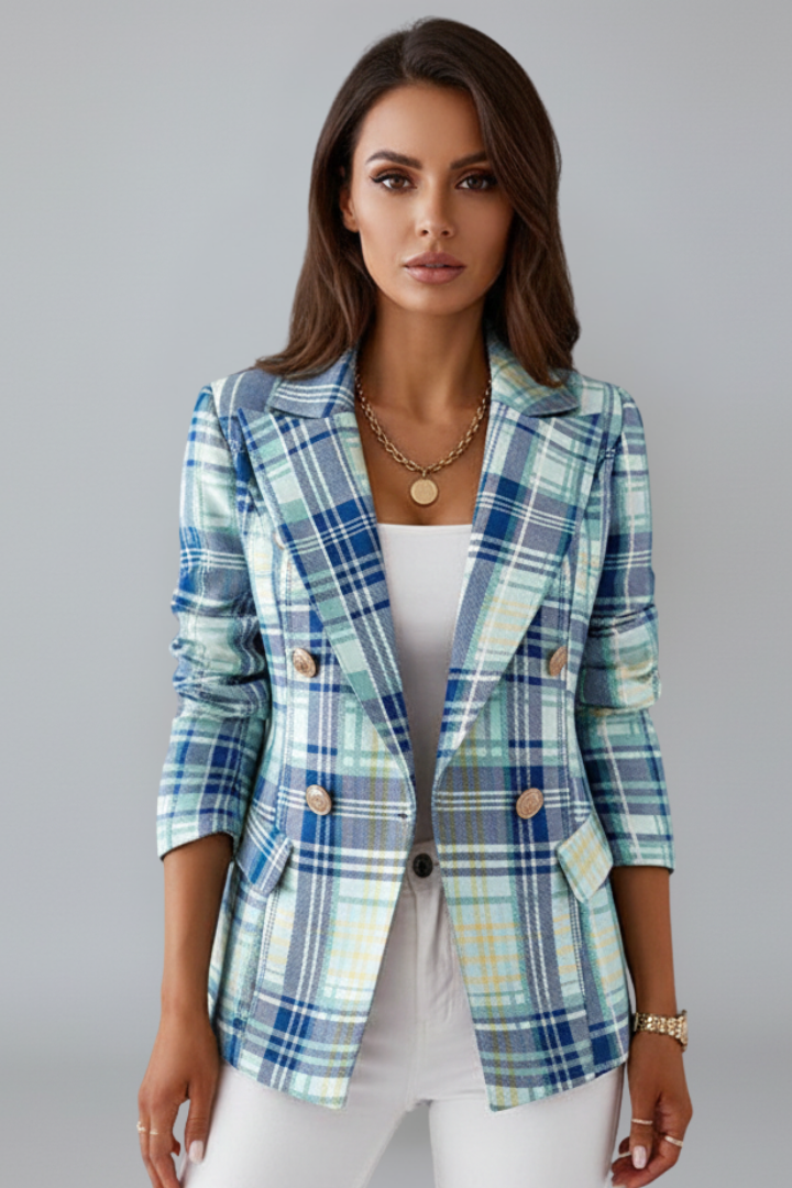 Versatile women's plaid blazer. Notched lapels & double-breasted design for chic business casual or formal outfits.
