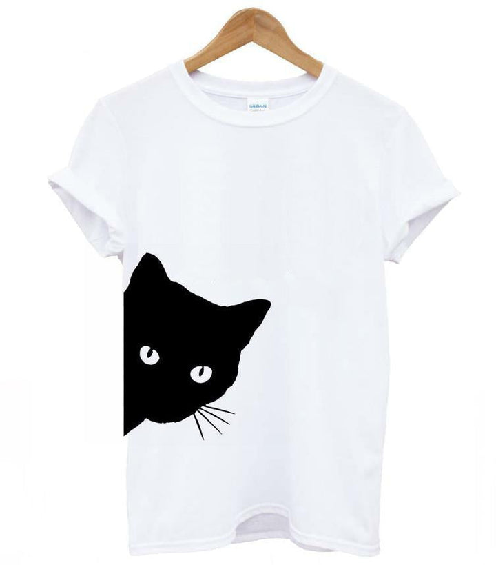 Close-up of a women's feline fashion t-shirt with a vibrant cat print, a must-have for any cat enthusiast.