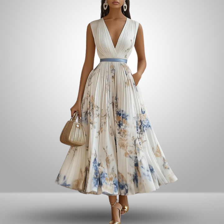 Women's pleated sleeveless V-neck maxi summer dress, perfect for vacation, beach, or casual elegant wear.