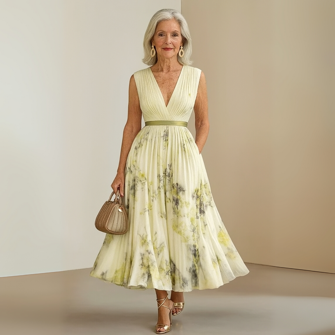Women's pleated sleeveless V-neck maxi dress. Elegant summer fashion, great for beach, vacation or casual wear.