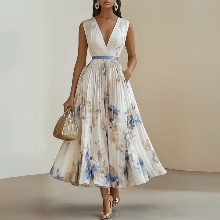 Flowy pleated sleeveless V-neck maxi dress for women, ideal for spring and summer fashion and casual elegance.