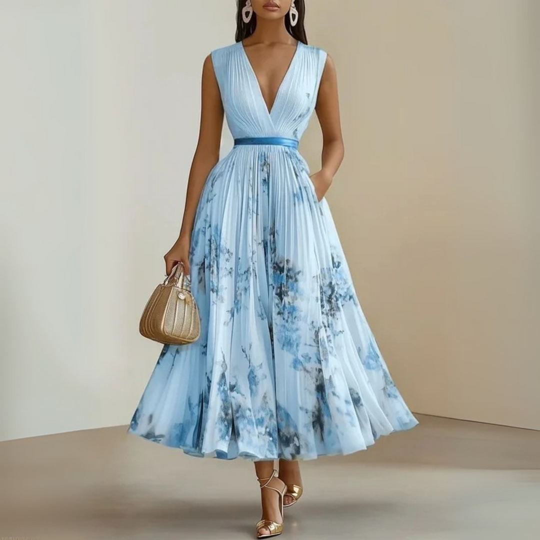 Lightweight pleated maxi summer dress for women, sleeveless and V-neck, perfect for warm weather & vacation.