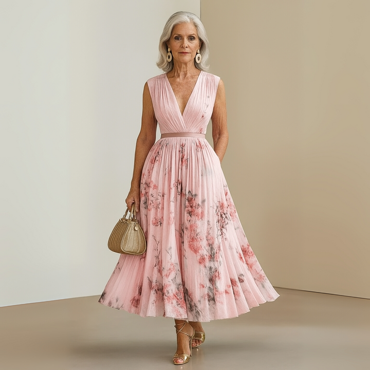 Chic women's V-neck pleated maxi dress, sleeveless, perfect for spring/summer parties, vacations & beach.
