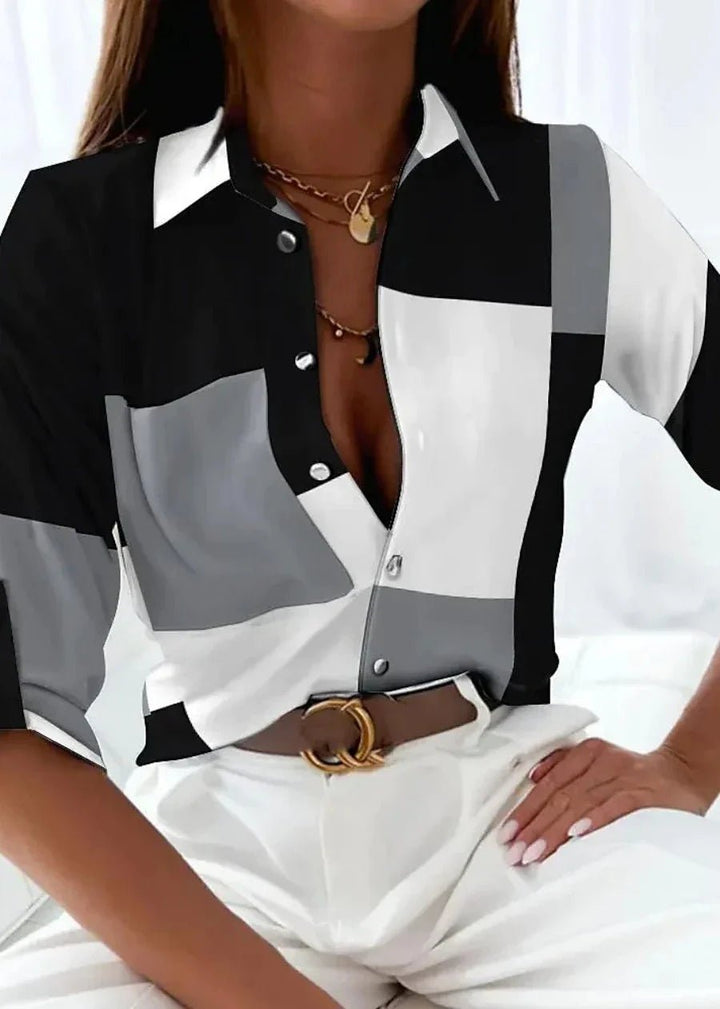 Chic plus size long sleeve casual shirt for women featuring a unique abstract geometric print. Perfect for office or everyday.