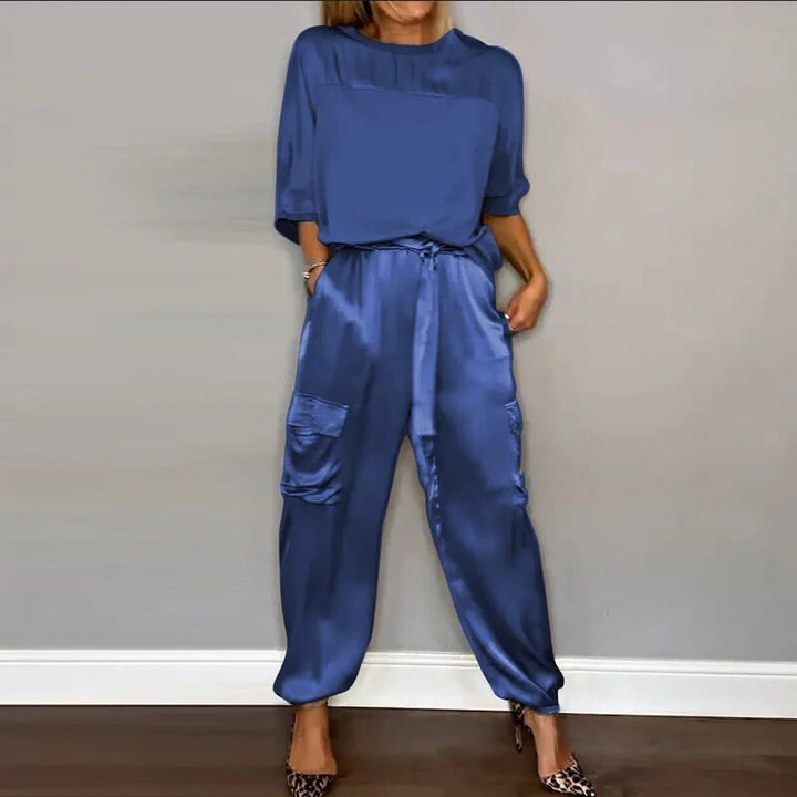 Plus size women's cargo pants matching set. Drawstring utility top & pants for a versatile, casual outfit.