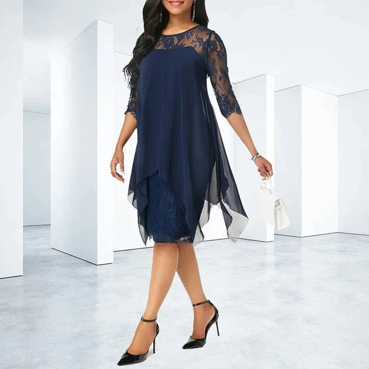 Flattering plus size lace dress, quarter sleeve, asymmetrical hem, suitable for formal events & evening parties.