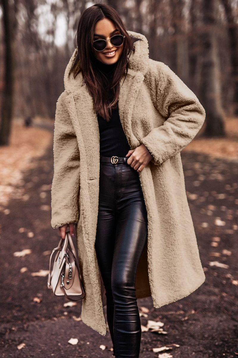Women's plush faux shearling hooded mid-calf coat for cozy winter warmth