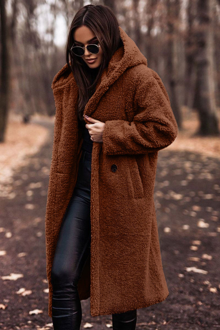Warm and fashionable women's hooded mid-calf faux shearling winter coat