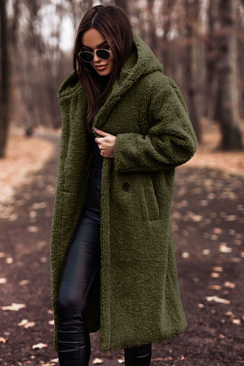 Stylish women's mid-calf hooded coat made from soft faux shearling