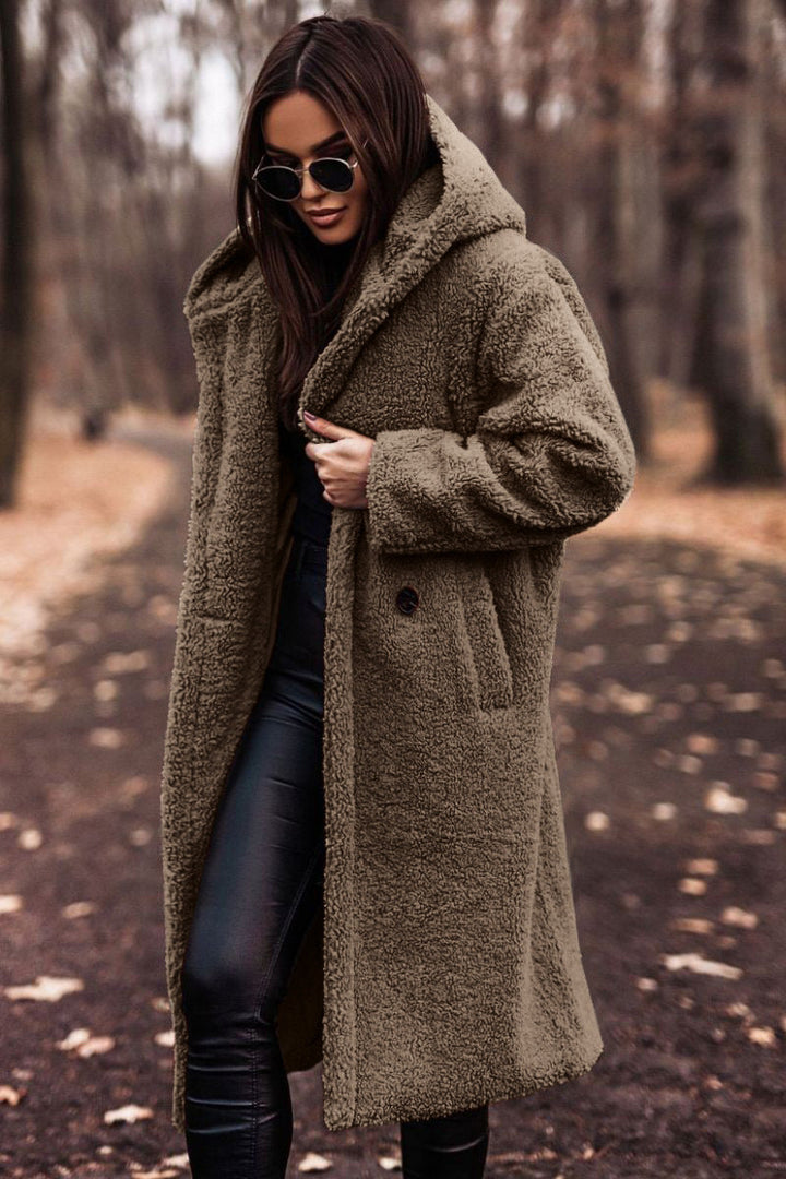 Cozy fall fashion: women's hooded mid-calf coat in soft faux shearling