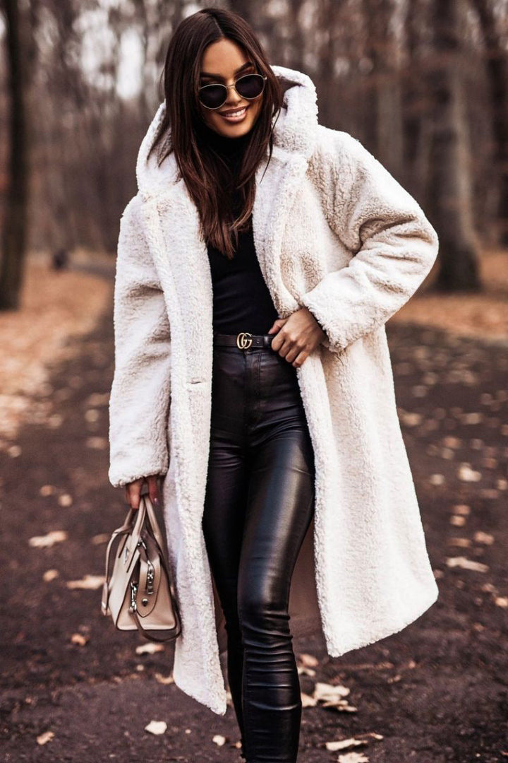 Women's outerwear: hooded mid-calf coat in luxurious faux shearling fabric