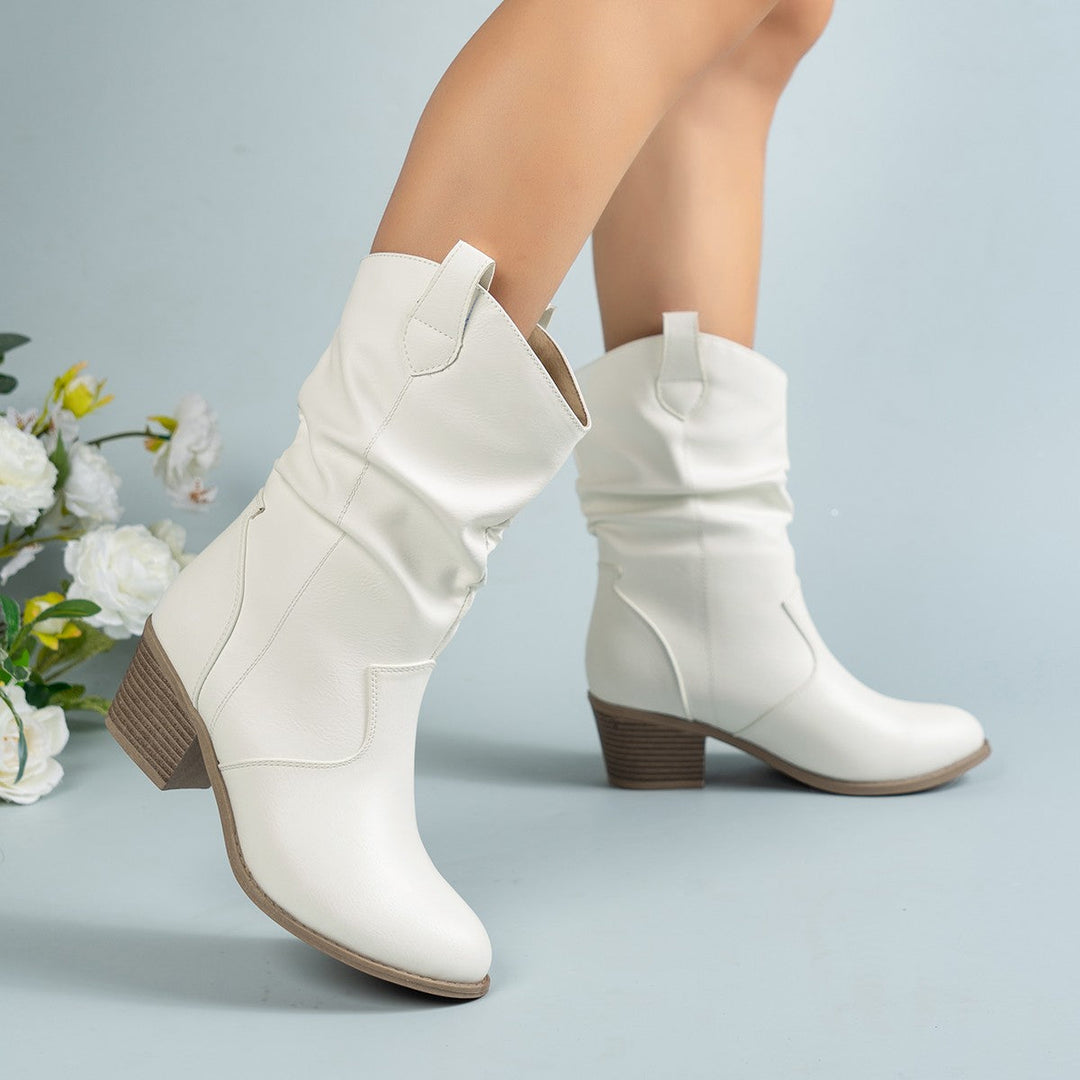 Women's mid-calf Western boots designed with an intricate stitching pattern on supple leather.