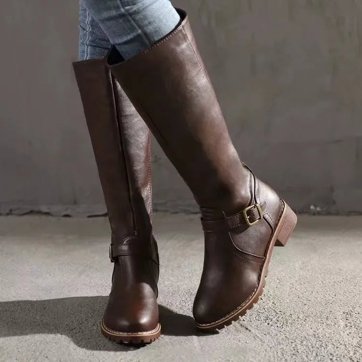 Close-up of the textured leather on women's premium orthopedic boots, showcasing quality