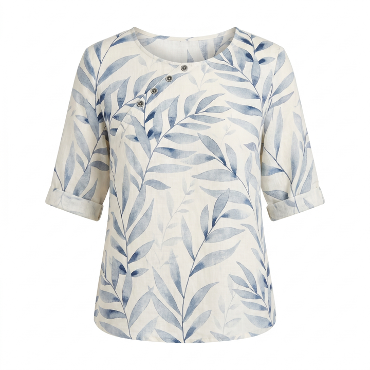 Chic asymmetric button blouse for women, a stylish printed top with a modern twist.