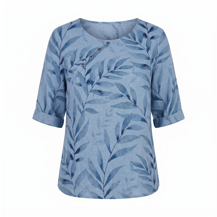 Modern women's printed top, an asymmetric button blouse for stylish apparel & comfort.