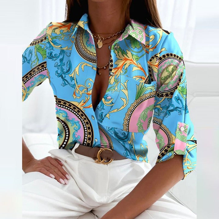 Elegant women's printed long sleeve button-down blouse, a fashion statement.
