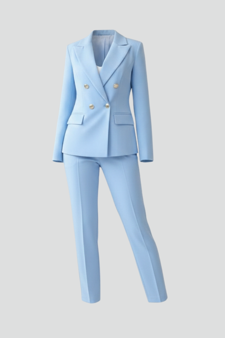 Women's professional suit set with buttoned jacket & straight leg trousers for business attire.