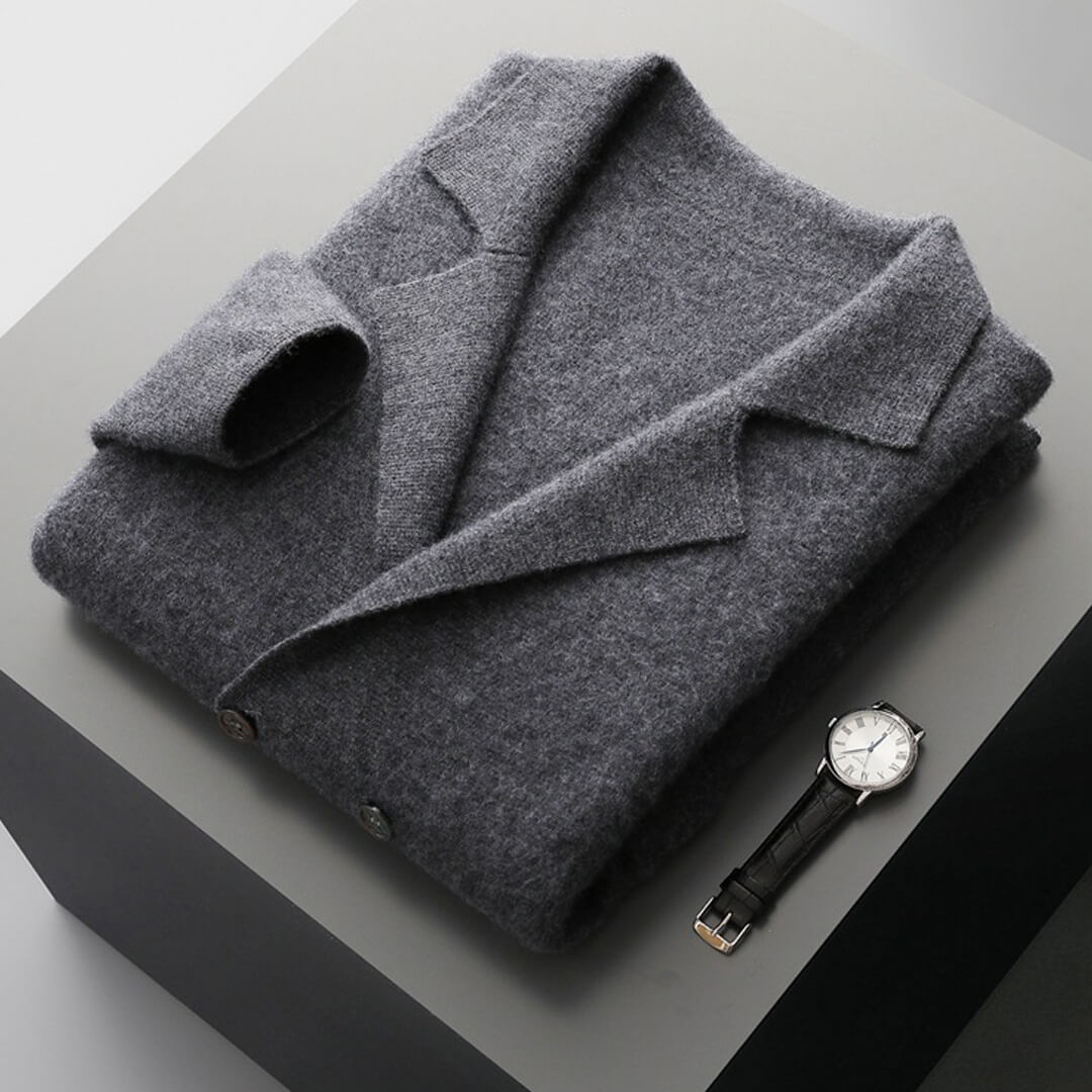 Lifestyle shot of a woman enjoying the warmth of her pure cashmere cardigan, winter fashion essential