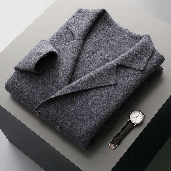 Lifestyle shot of a woman enjoying the warmth of her pure cashmere cardigan, winter fashion essential