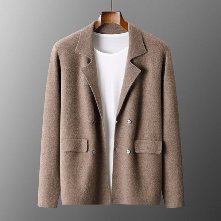 Close-up of the v-neck design on a women's pure cashmere cardigan, luxury knitwear, elegant