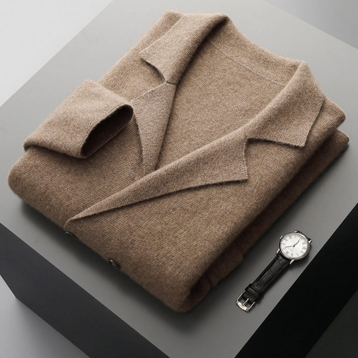 Full-length view of a woman wearing a tailored fit cashmere button-front cardigan sweater, winter essential