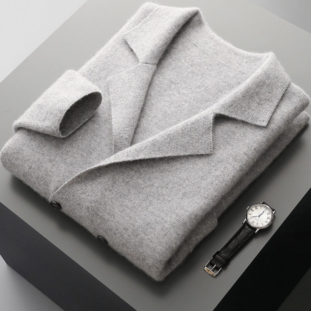 Texture close-up of the pure cashmere on the women's v-neck cardigan sweater, premium fabric
