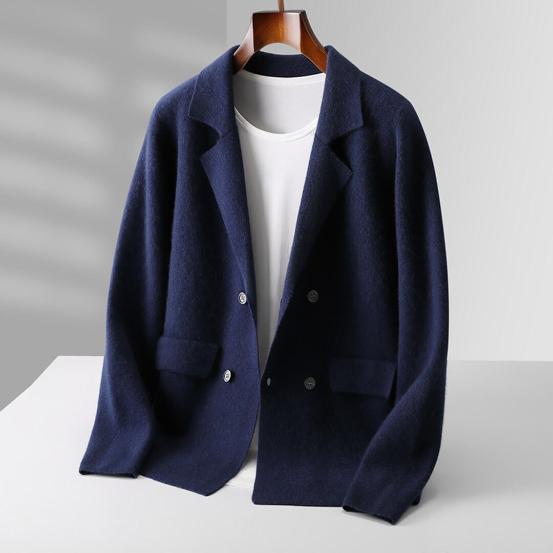 Side view of the women's pure cashmere cardigan, showing lightweight sweater design and tailored fit