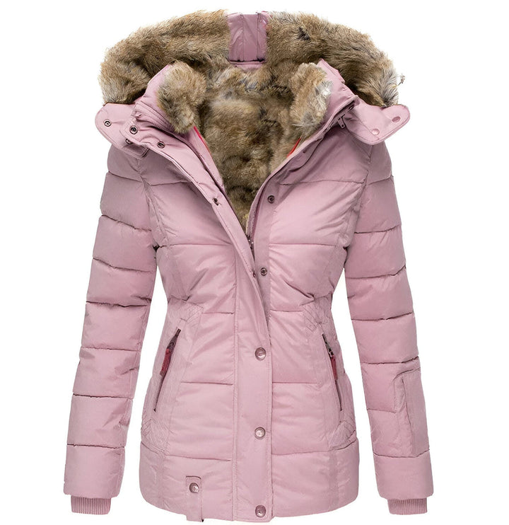 Women's warm winter coat, a quilted puffer jacket featuring a plush faux fur hood for cold weather.