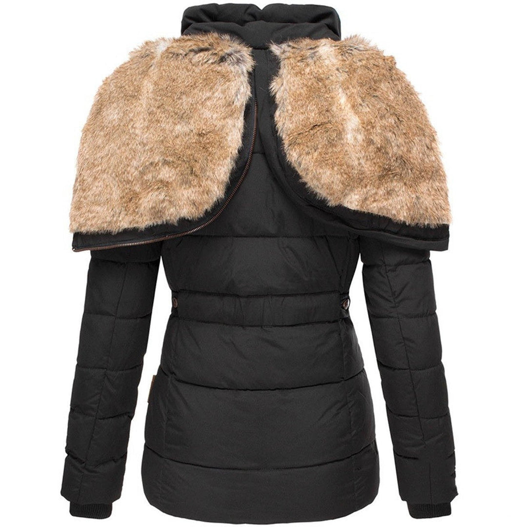 Back view of a women's puffer jacket, emphasizing its quilted design and the fullness of the faux fur hood.