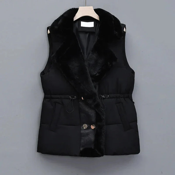 Close-up of a women's quilted puffer vest showcasing its texture and design