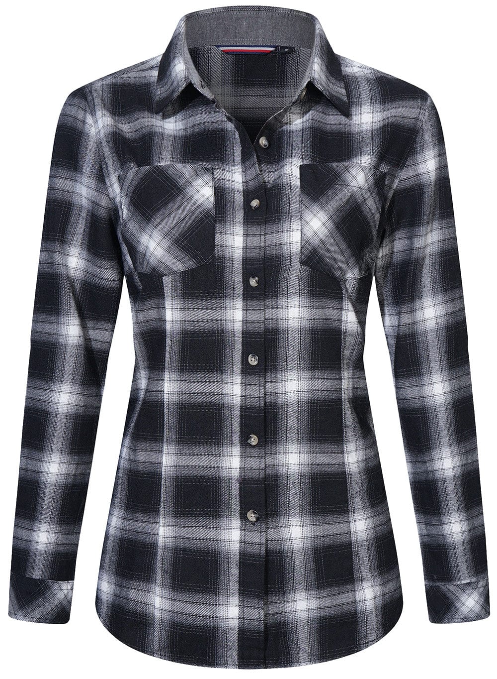 Women's red and black plaid flannel button-down shirt, long sleeve, for casual wear