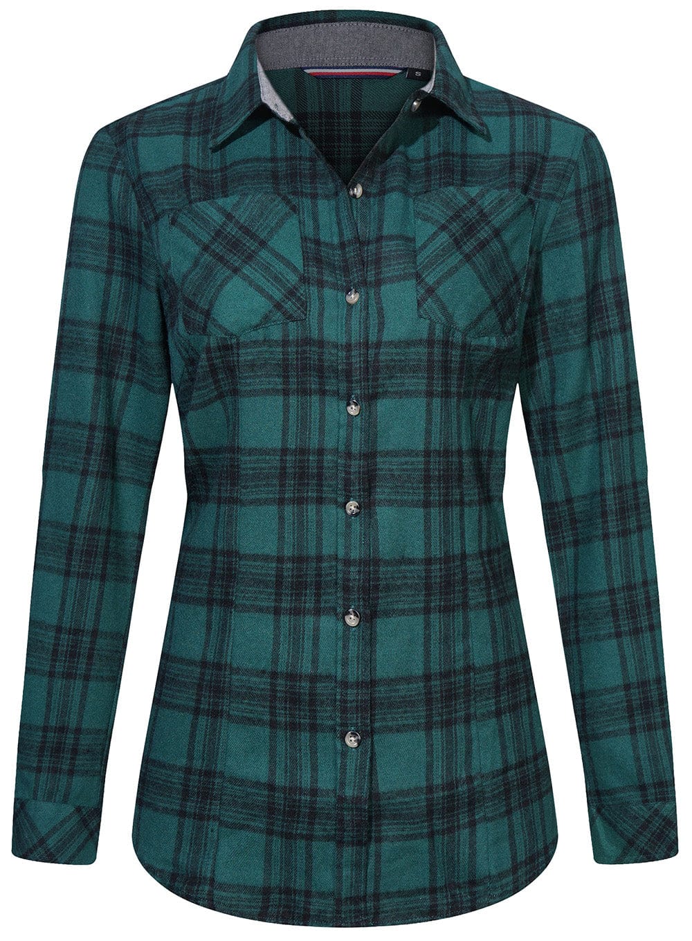 Close-up of soft cotton women's flannel shirt in classic plaid pattern