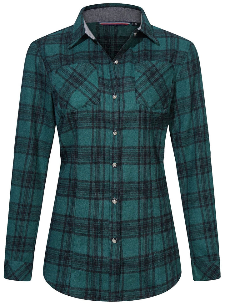 Close-up of soft cotton women's flannel shirt in classic plaid pattern