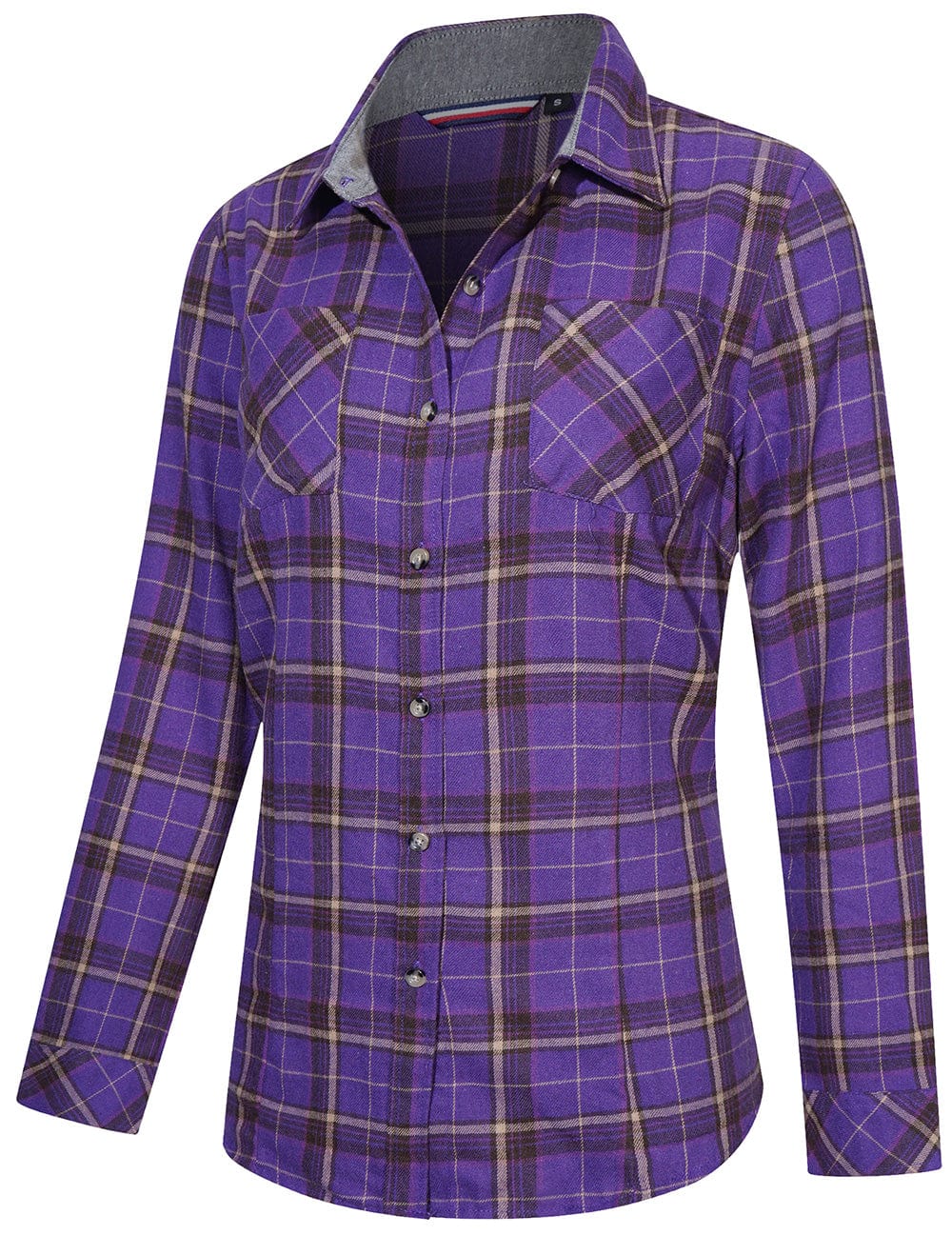Front view of a women's plaid flannel shirt, open and layered over a tee, long sleeve