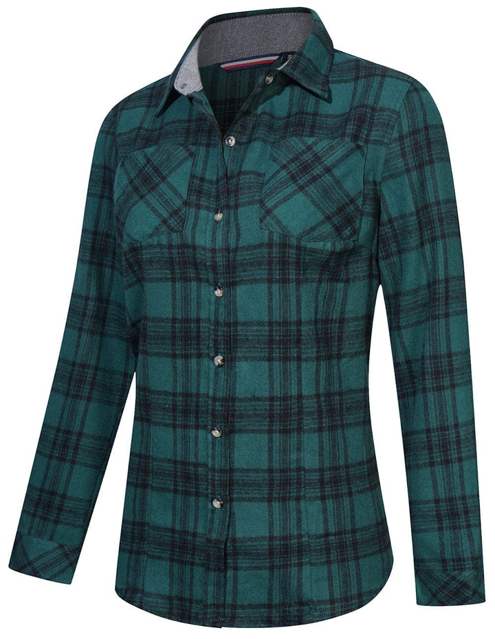 Back view of a women's plaid cotton button-down shirt, showcasing the casual design