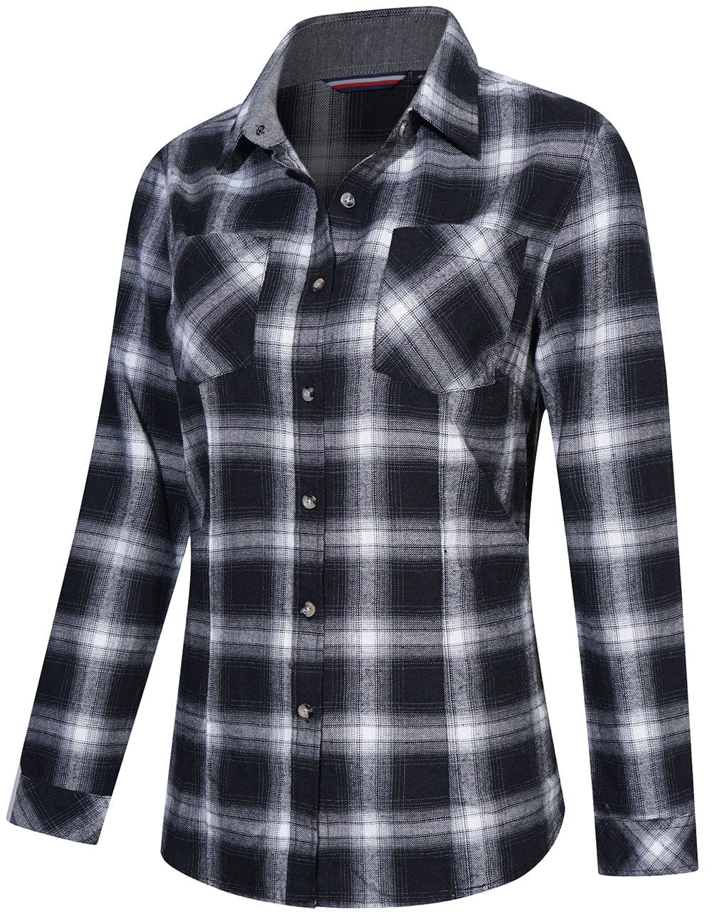 Detail of the buttons on a women's plaid flannel shirt, high-quality cotton fabric