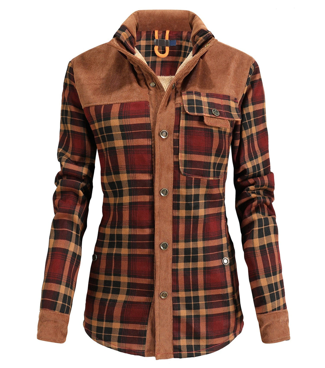 Women's red and black plaid flannel jacket, warm casual autumn winter outerwear fashion.