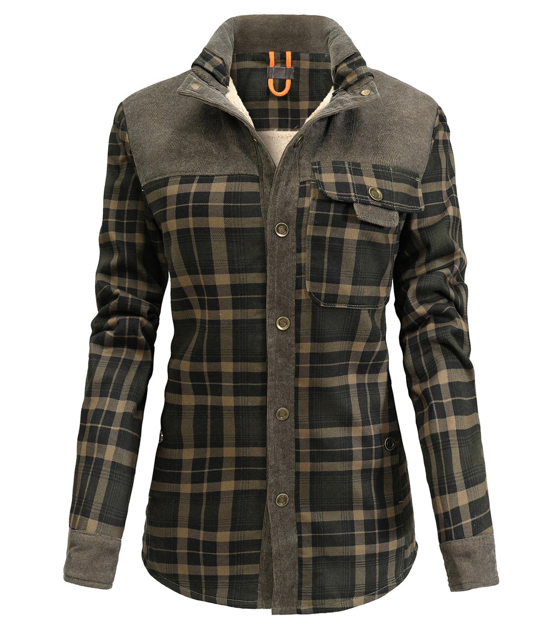Close-up of soft plaid flannel fabric on a women's jacket for cold weather fashion.