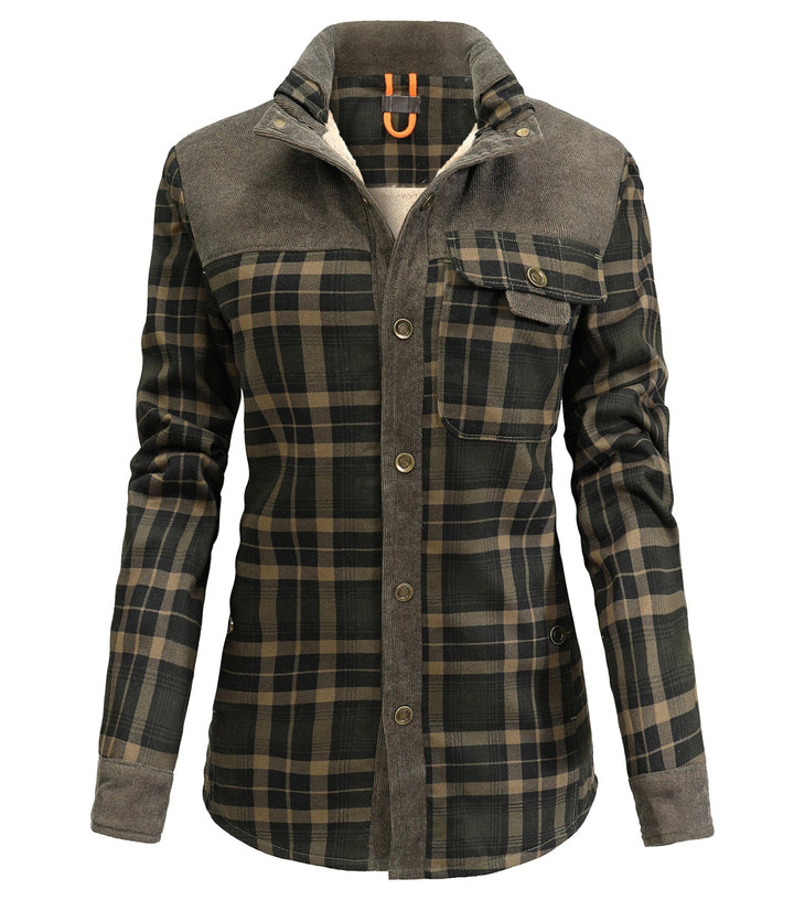 Close-up of soft plaid flannel fabric on a women's jacket for cold weather fashion.