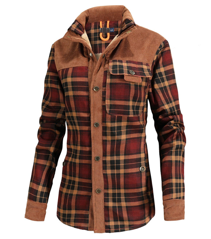 Woman wearing a stylish oversized plaid flannel jacket, perfect for fall and winter.