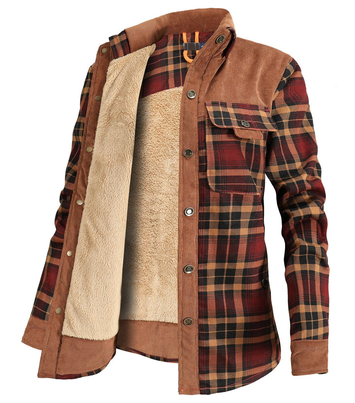 Back view of a trendy women's plaid flannel jacket, ideal for layering in cooler seasons.