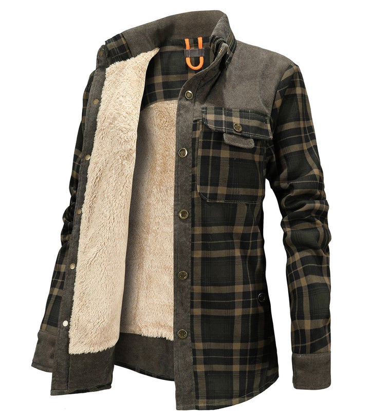 Detail of the collar and plaid pattern on a women's warm flannel jacket, autumn winter fashion.