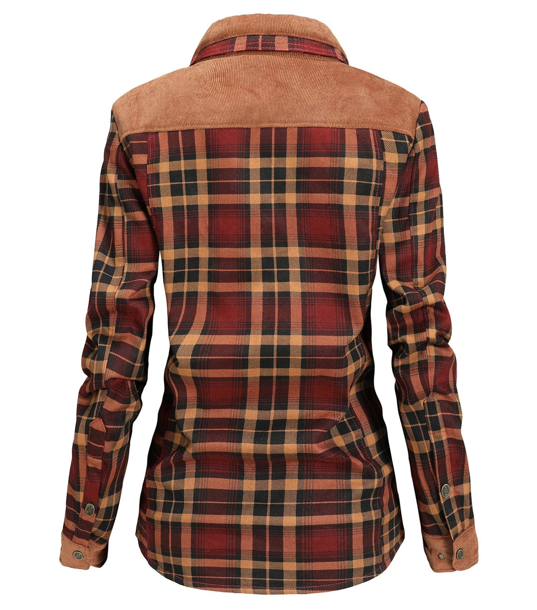 Side profile of a women's comfortable long-sleeve plaid flannel jacket, casual and stylish.